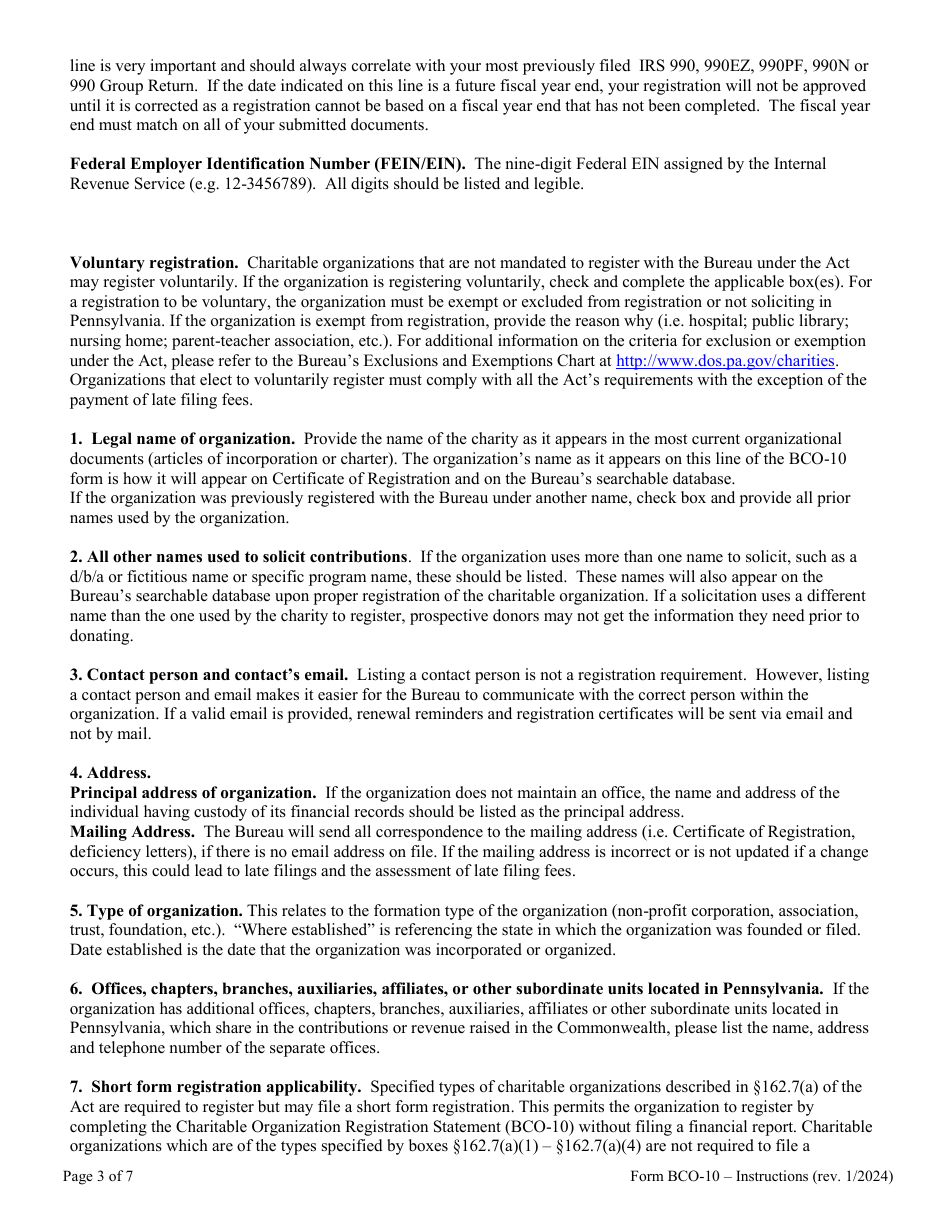 Instructions for Form BCO-10 Charitable Organization Registration Statement - Pennsylvania, Page 3