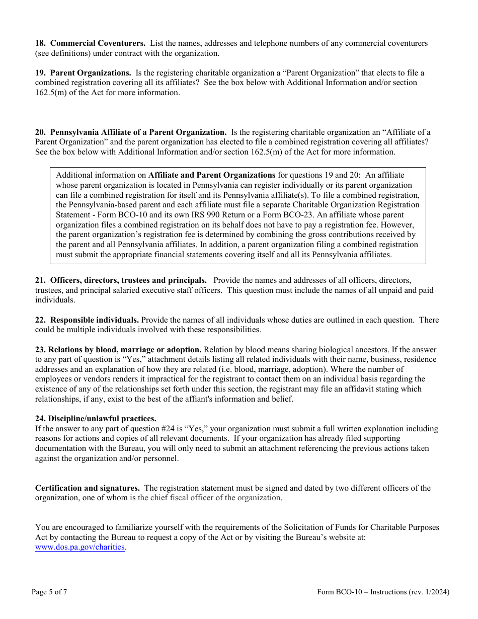 Instructions for Form BCO-10 Charitable Organization Registration Statement - Pennsylvania, Page 5