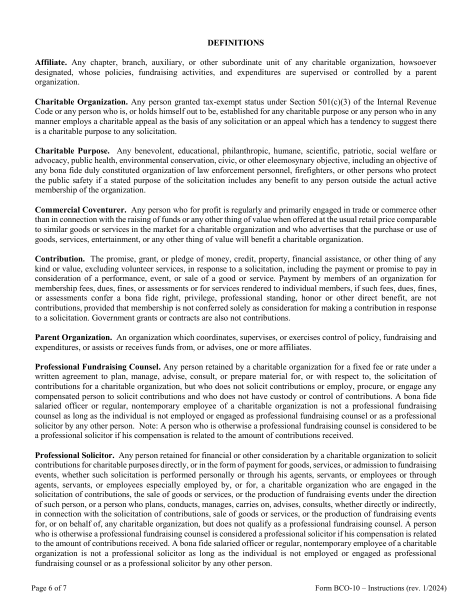 Instructions for Form BCO-10 Charitable Organization Registration Statement - Pennsylvania, Page 6