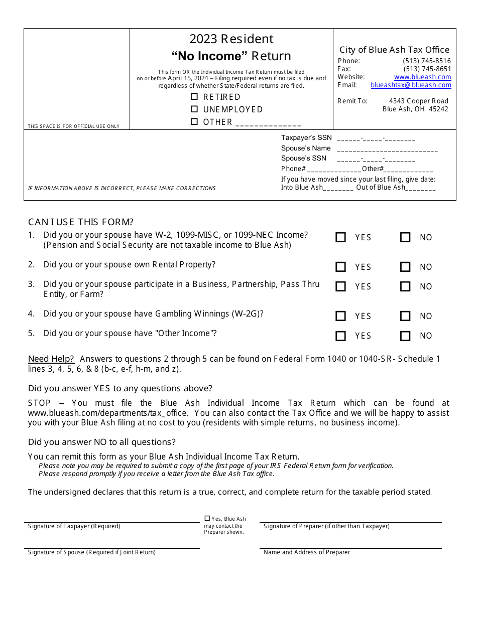 Resident No Income Return - City of Blue Ash, Ohio, Page 1
