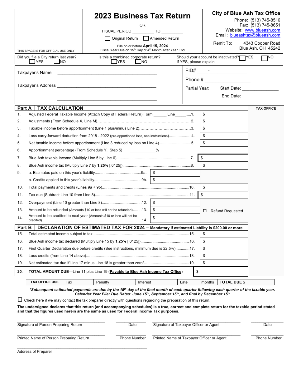 Business Tax Return - City of Blue Ash, Ohio, Page 1