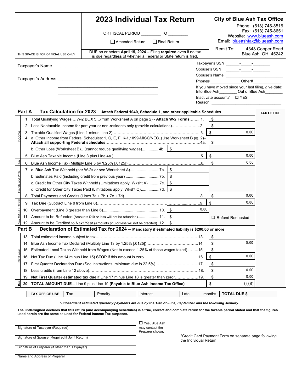 Individual Tax Return - City of Blue Ash, Ohio, Page 1