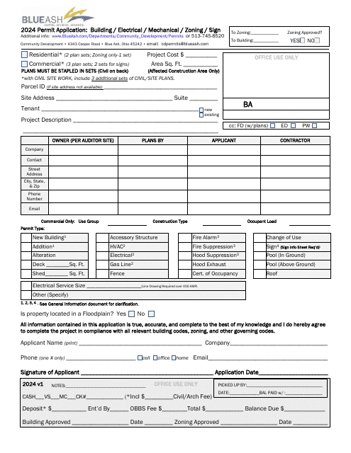 Permit Application: Building / Electrical / Mechanical / Zoning / Sign - City of Blue Ash, Ohio Download Pdf