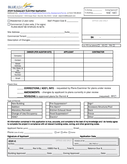 Subsequent Submittal Application - City of Blue Ash, Ohio Download Pdf