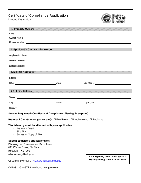 Certificate of Compliance Application - Platting Exemption - City of Houston, Texas Download Pdf