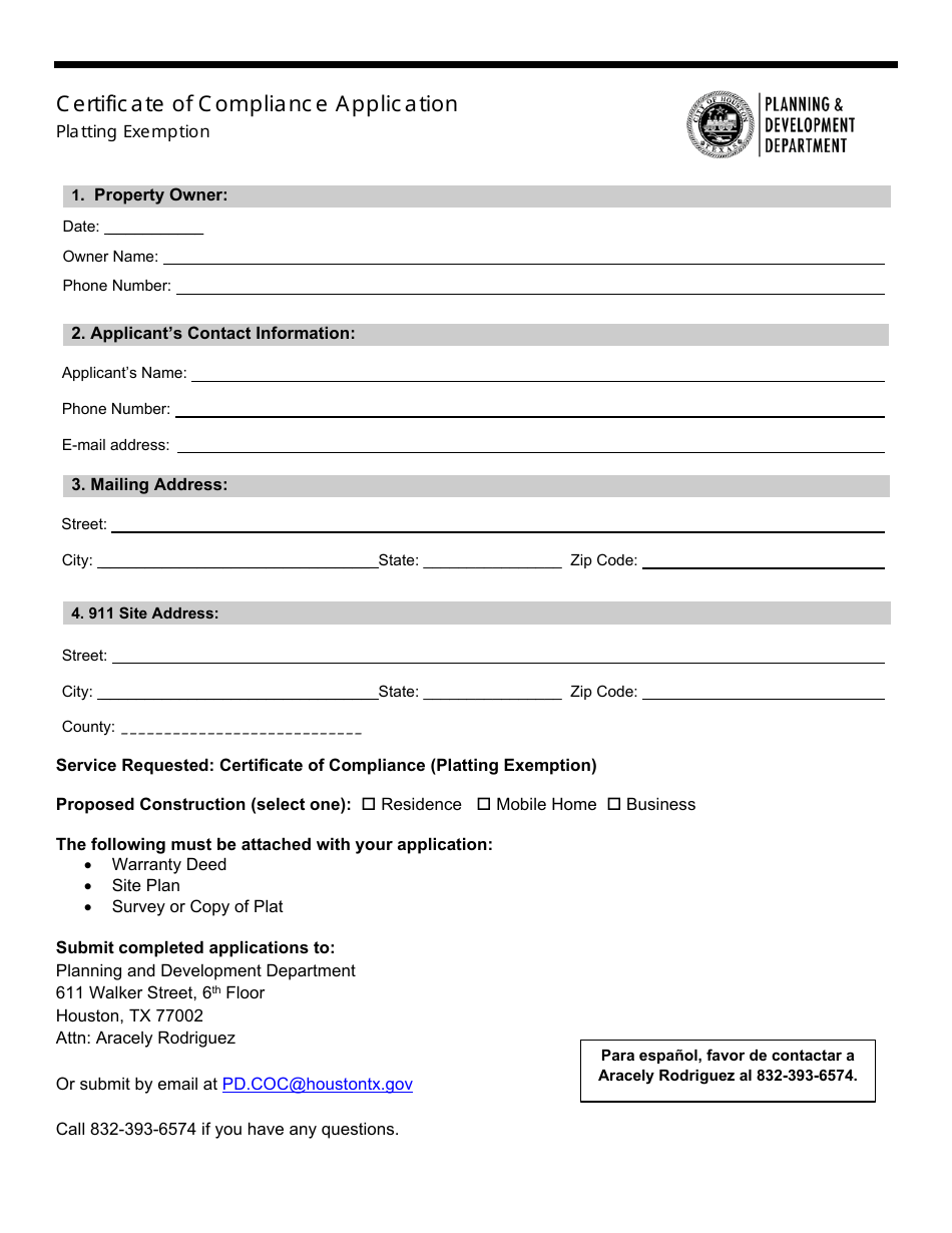 Certificate of Compliance Application - Platting Exemption - City of Houston, Texas, Page 1