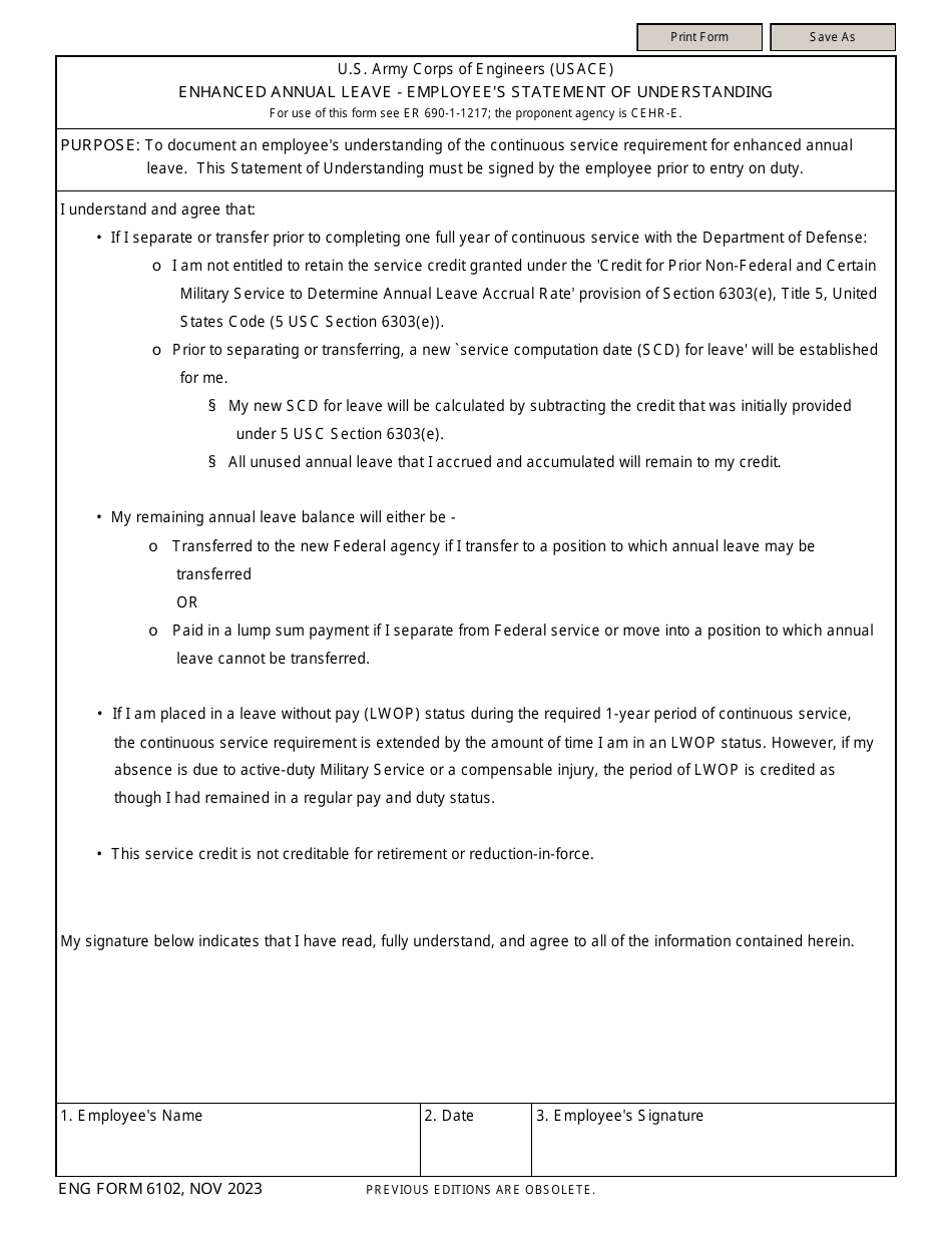 ENG Form 6102 Enhanced Annual Leave - Employees Statement of Understanding, Page 1