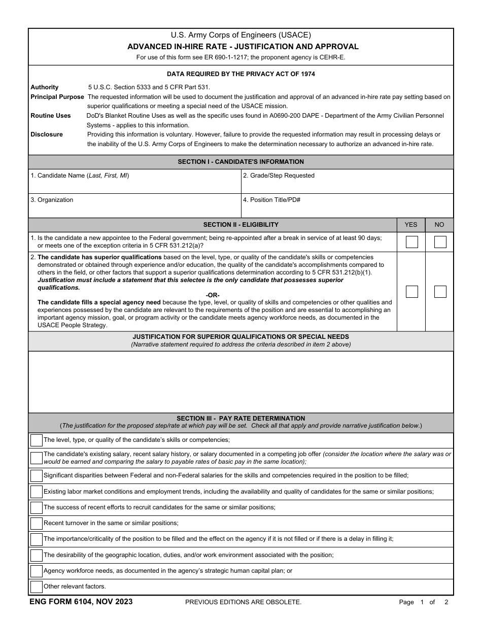 ENG Form 6104 Advanced in-Hire Rate - Justification and Approval, Page 1