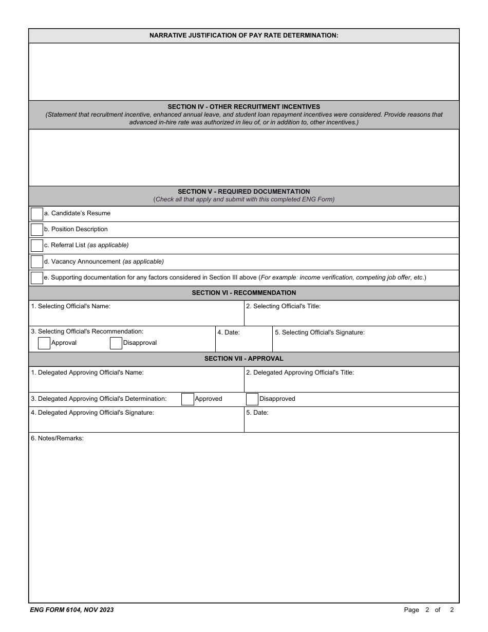ENG Form 6104 Advanced in-Hire Rate - Justification and Approval, Page 2