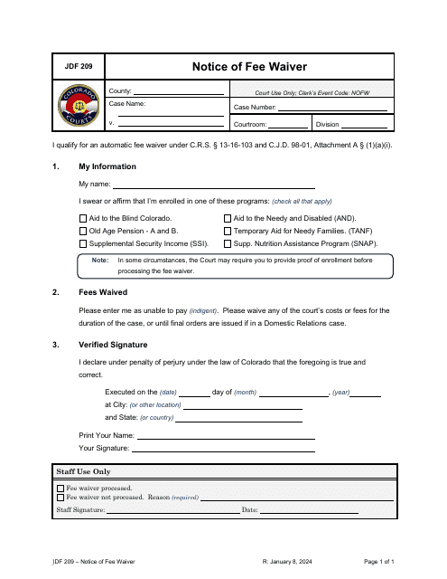 Form JDF209 Notice of Fee Waiver - Colorado