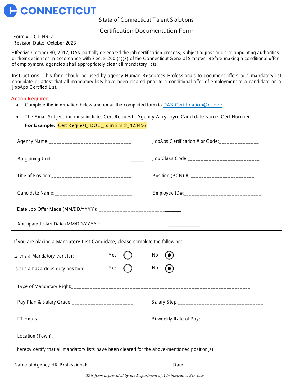 Form CT-HR-2 Certification Documentation Form - State of Connecticut Talent Solutions - Connecticut, Page 1