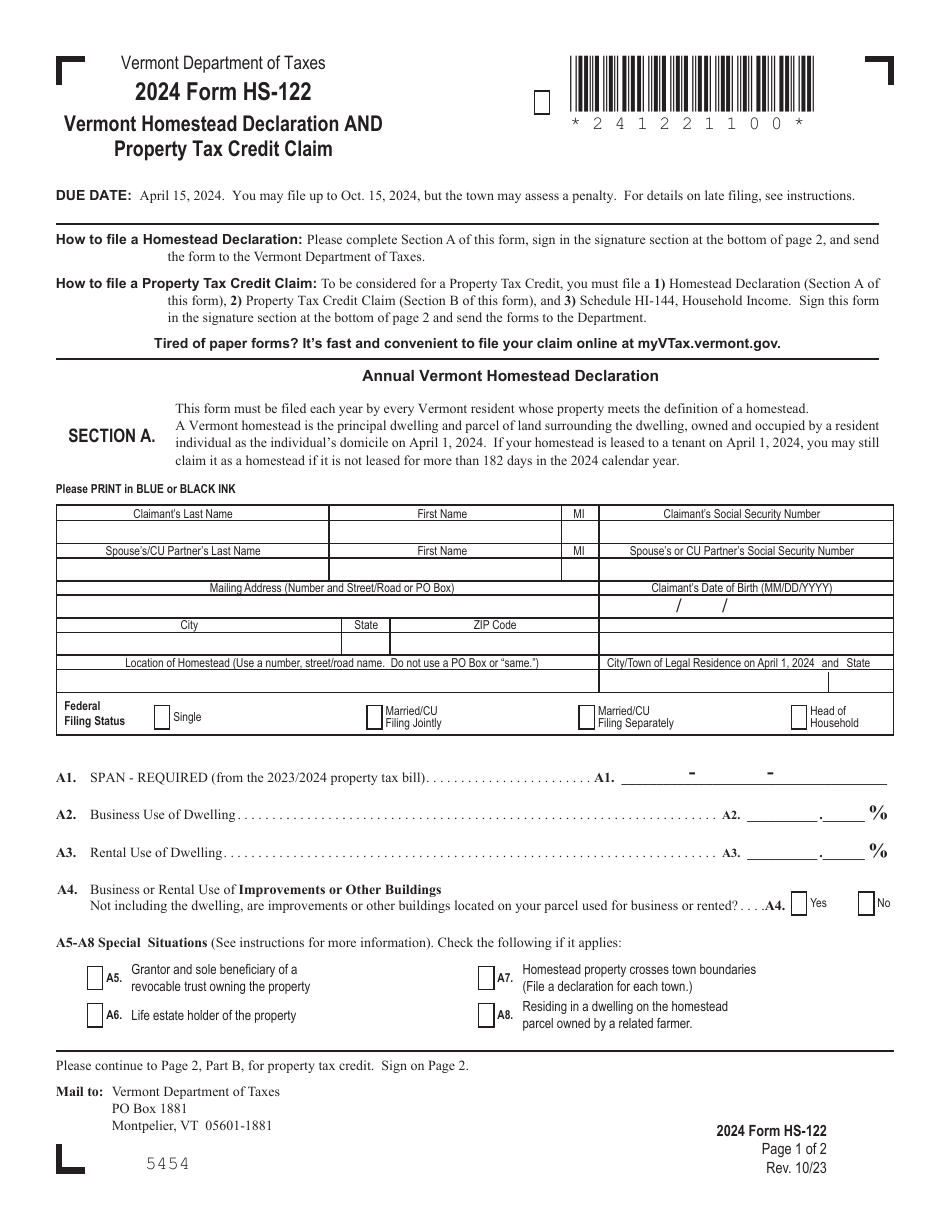 Form HS-122 Vermont Homestead Declaration and Property Tax Credit Claim - Vermont, Page 1