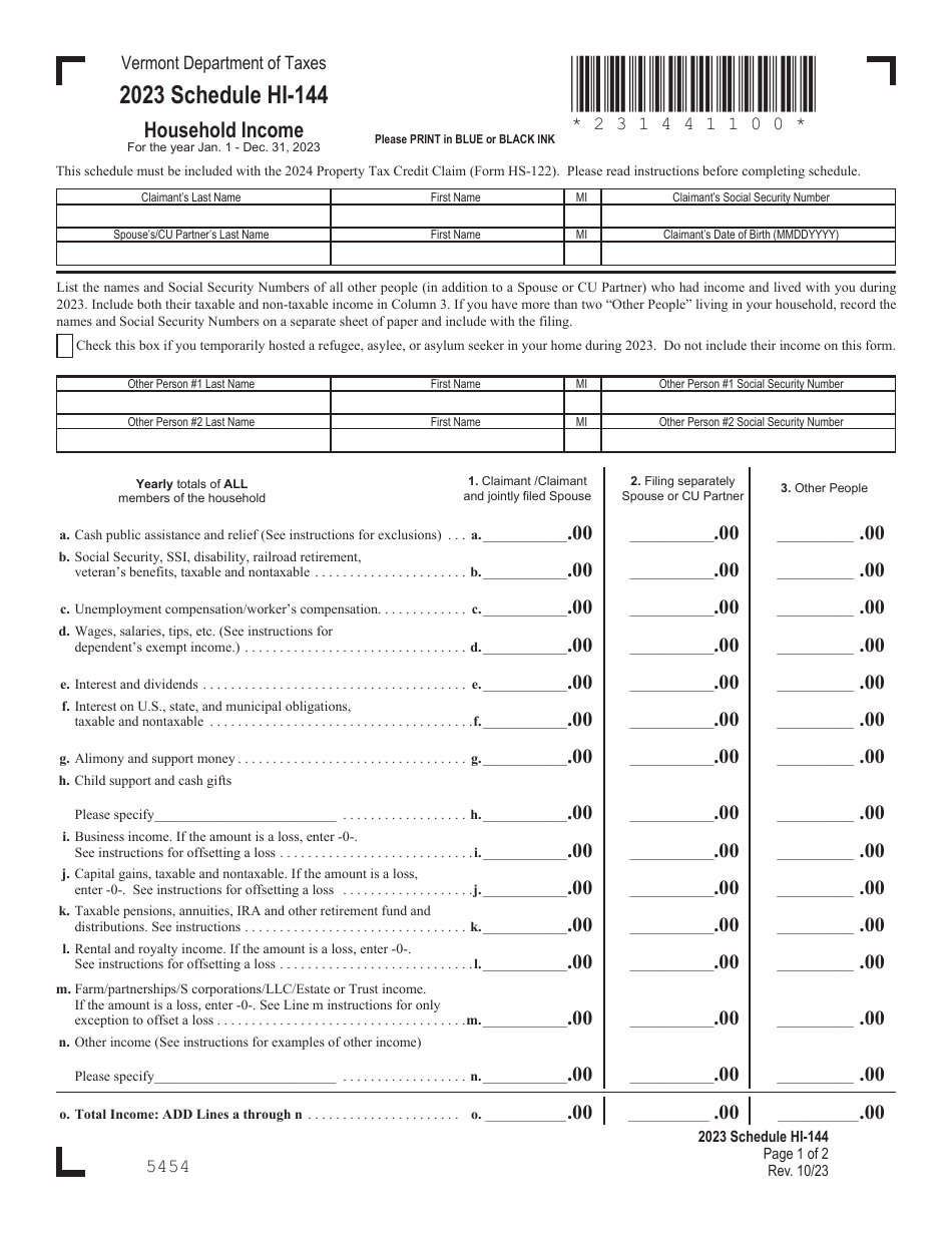 Form HS122 Download Fillable PDF or Fill Online Vermont Homestead