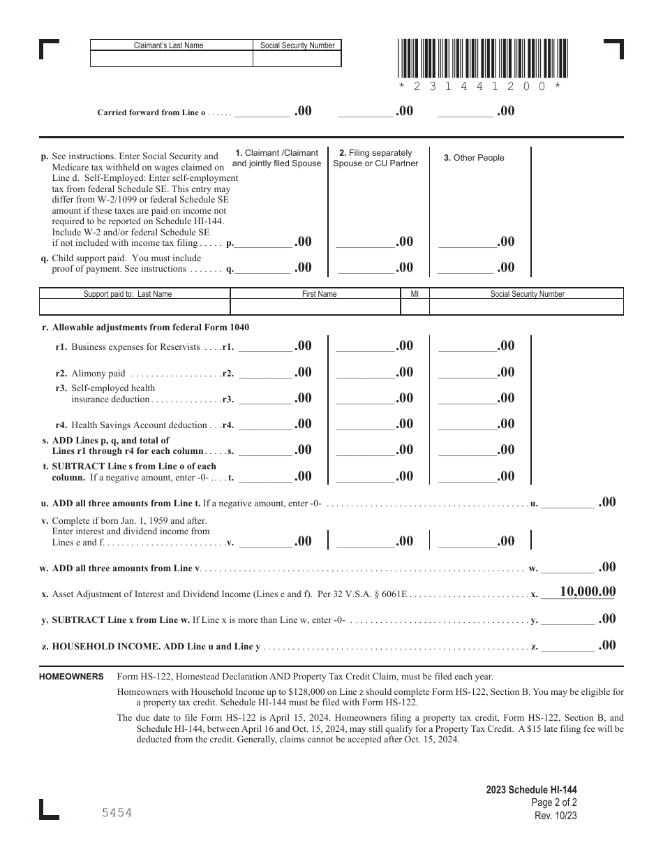 Form HS122 Download Fillable PDF or Fill Online Vermont Homestead