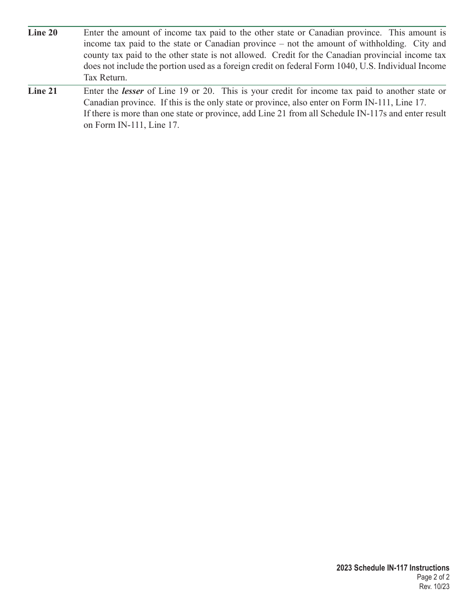 Instructions for Schedule IN-117 Vermont Credit for Income Tax Paid to Other State or Canadian Province - Vermont, Page 2