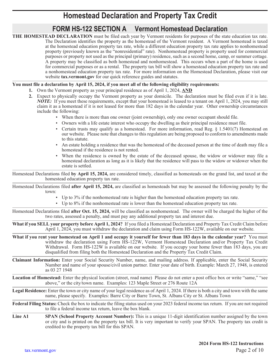 Instructions for Form HS-122 Schedule HI-144 Vermont Homestead Declaration and Property Tax Credit Claim - Vermont, Page 2