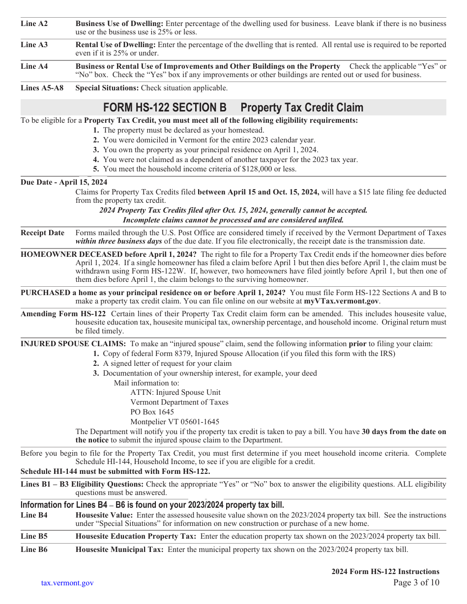 Download Instructions for Form HS122 Schedule HI144 Vermont Homestead