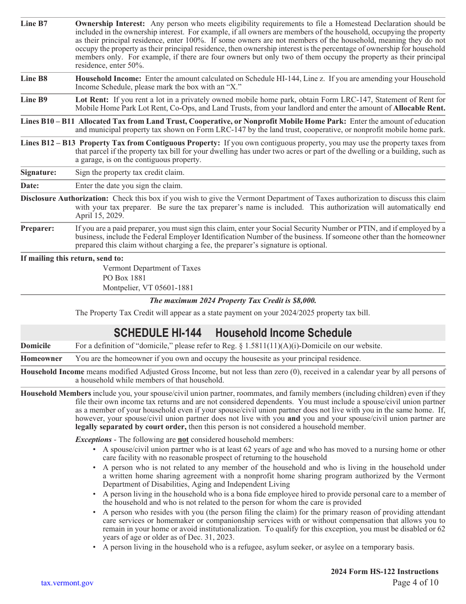 Download Instructions For Form HS-122 Schedule HI-144 Vermont Homestead ...