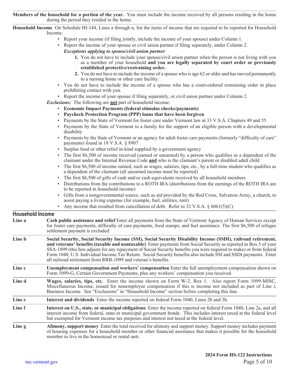 Download Instructions For Form HS-122 Schedule HI-144 Vermont Homestead ...