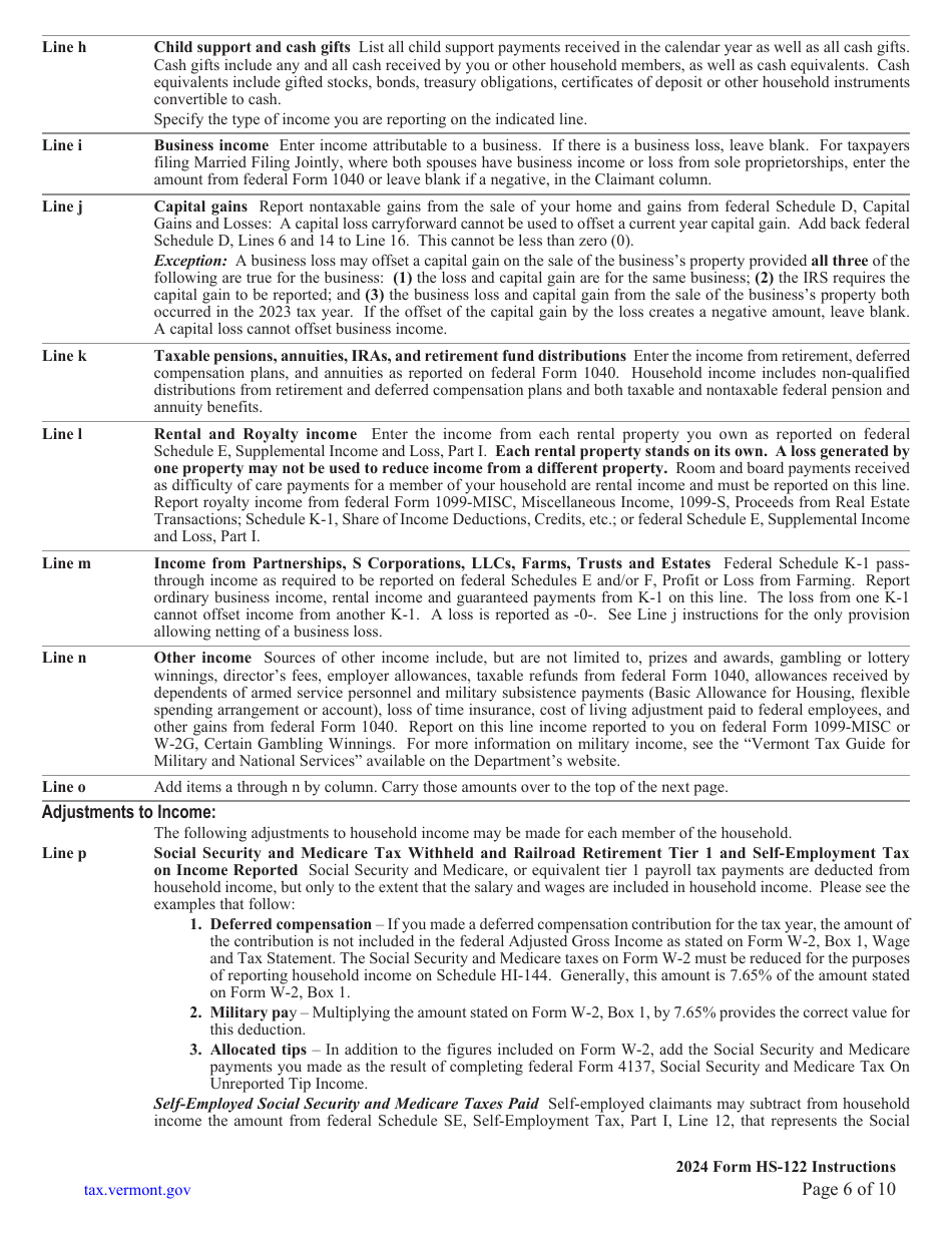 Instructions for Form HS-122 Schedule HI-144 Vermont Homestead Declaration and Property Tax Credit Claim - Vermont, Page 6