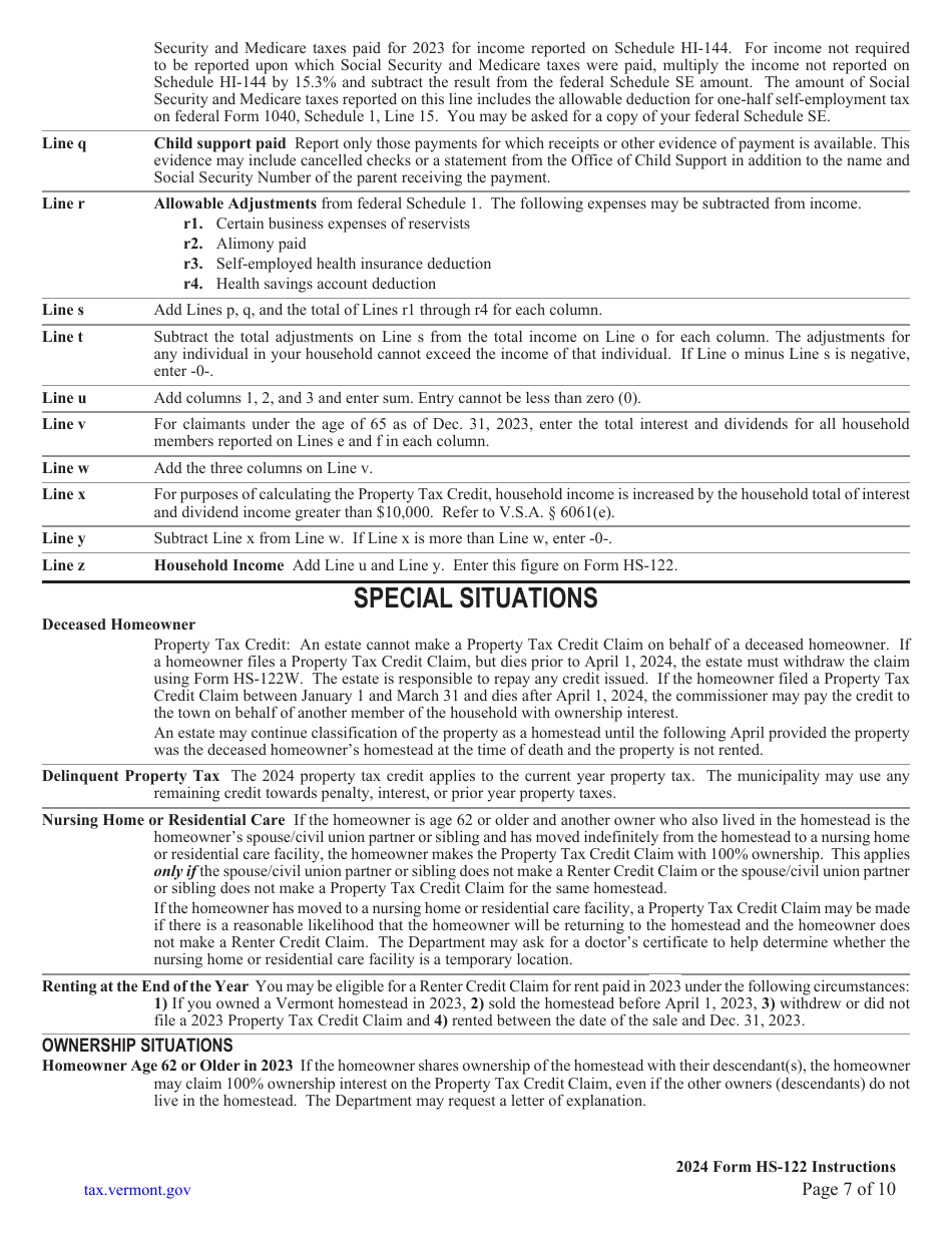 Instructions for Form HS-122 Schedule HI-144 Vermont Homestead Declaration and Property Tax Credit Claim - Vermont, Page 7
