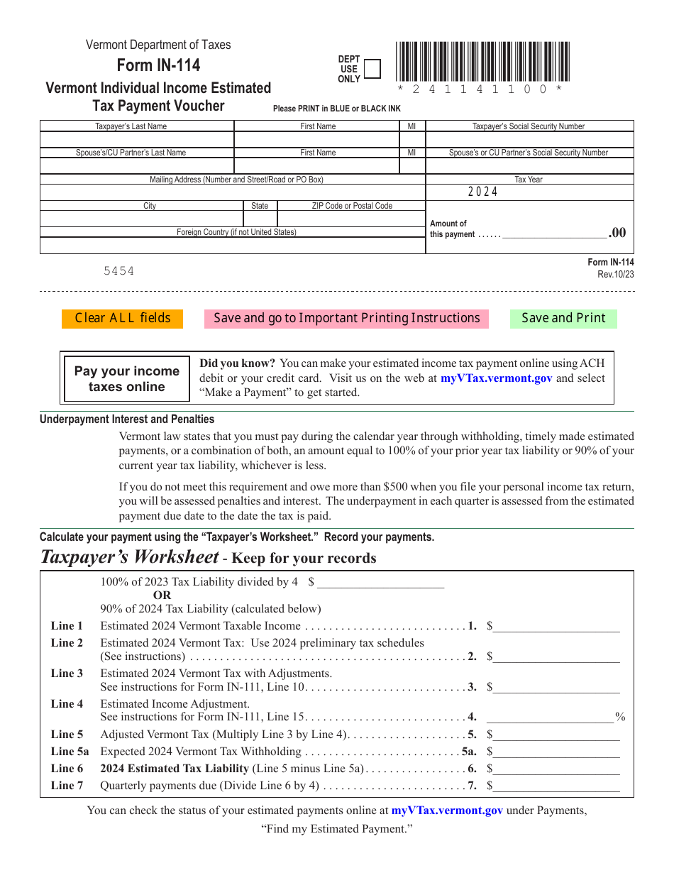 Form IN114 Download Fillable PDF or Fill Online Vermont Individual