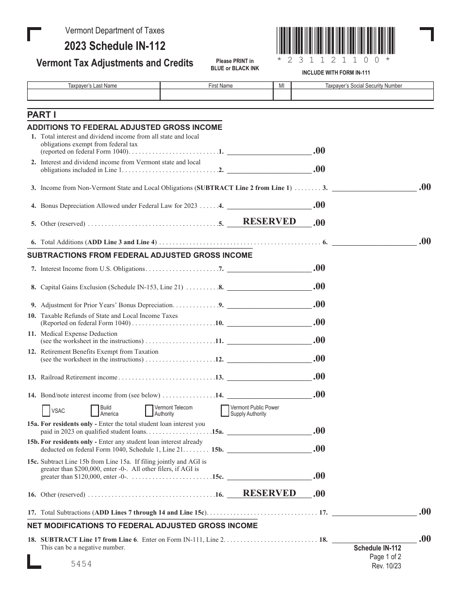 2023 Vermont Vermont Tax Adjustments and Credits Fill Out, Sign Online and Download PDF