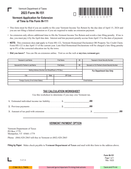 Form IN-151 Vermont Application for Extension of Time to File Form in-111 - Vermont, 2023