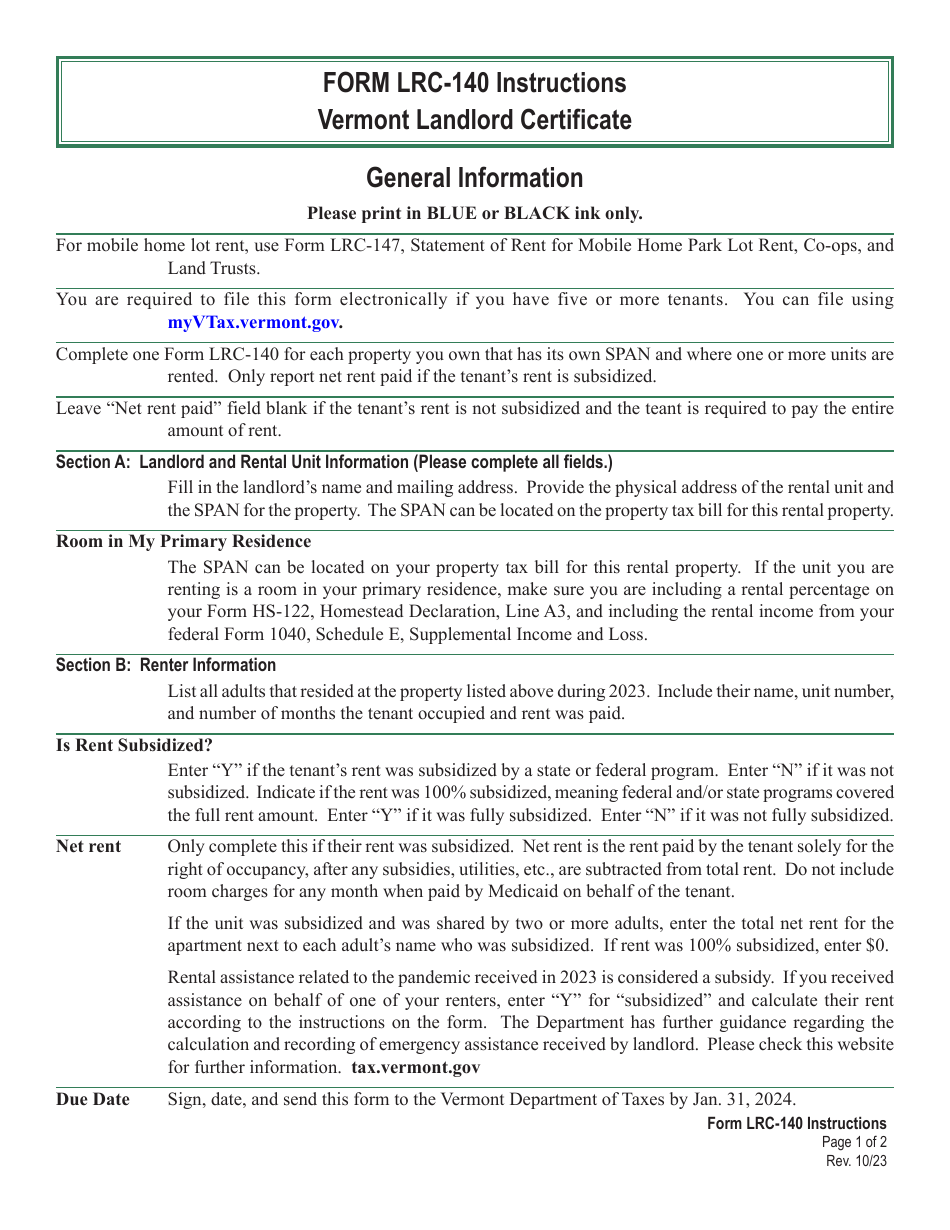 Instructions for Form LRC-140 Vermont Landlord Certificate - Vermont, Page 1