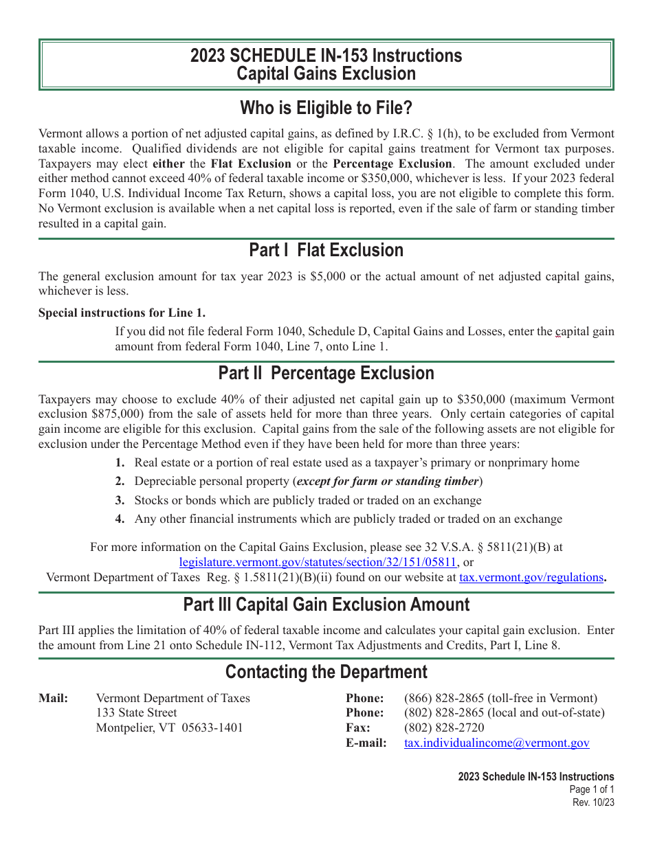 Instructions for Schedule IN-153 Vermont Capital Gains Exclusion Calculation - Vermont, Page 1