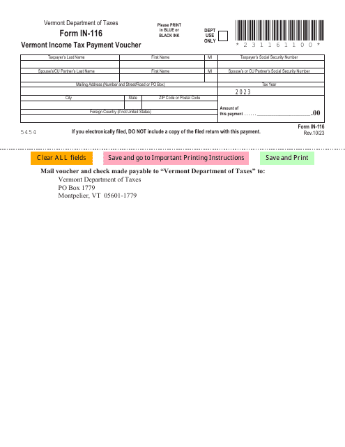 Form IN-116 Vermont Income Tax Payment Voucher - Vermont
