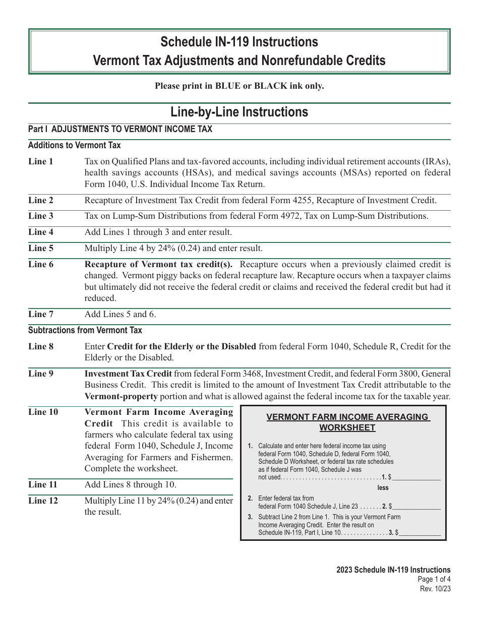 Instructions for Schedule IN-119 Vermont Tax Adjustments and Nonrefundable Credits - Vermont, Page 1