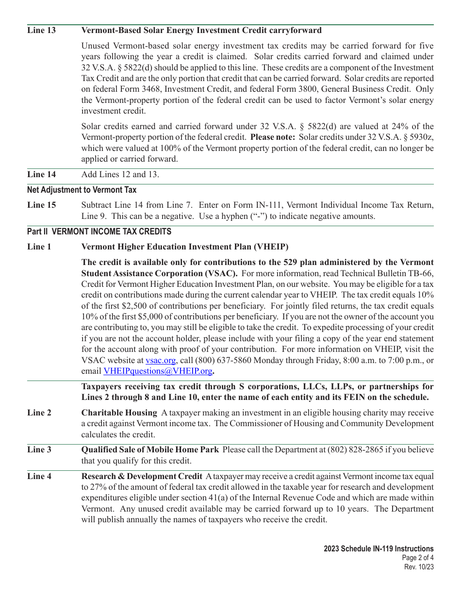 Instructions for Schedule IN-119 Vermont Tax Adjustments and Nonrefundable Credits - Vermont, Page 2