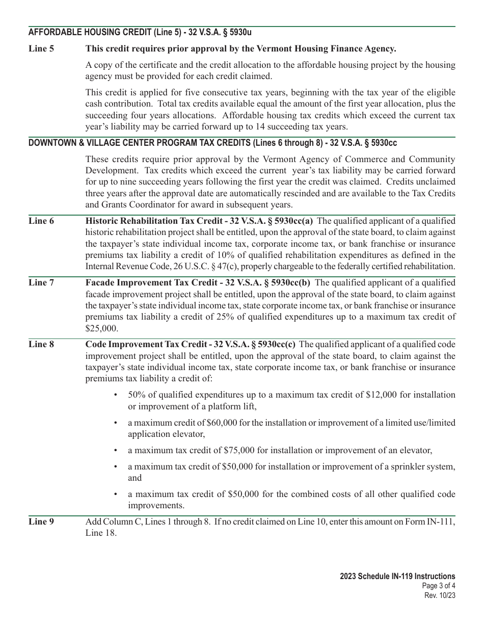 Instructions for Schedule IN-119 Vermont Tax Adjustments and Nonrefundable Credits - Vermont, Page 3