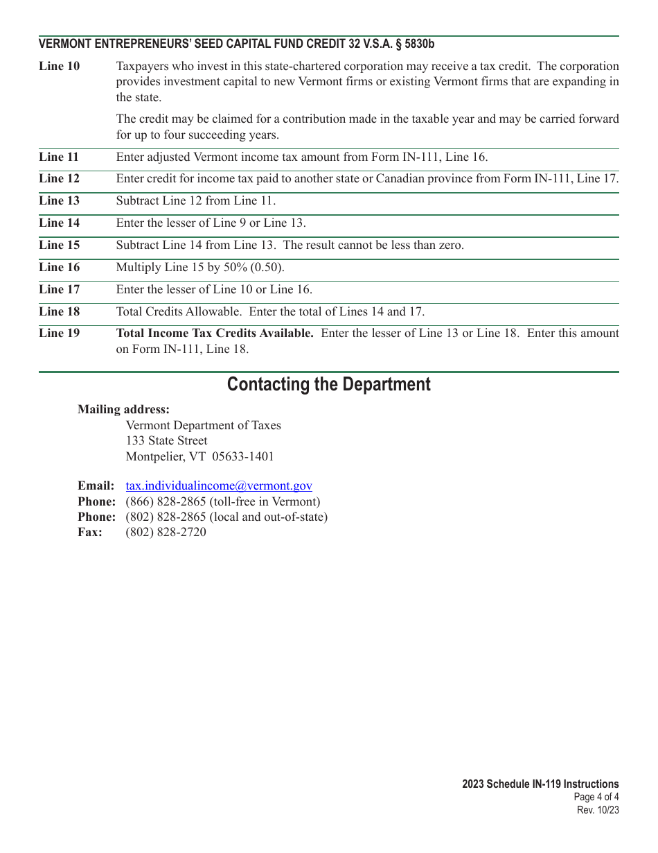 Instructions for Schedule IN-119 Vermont Tax Adjustments and Nonrefundable Credits - Vermont, Page 4