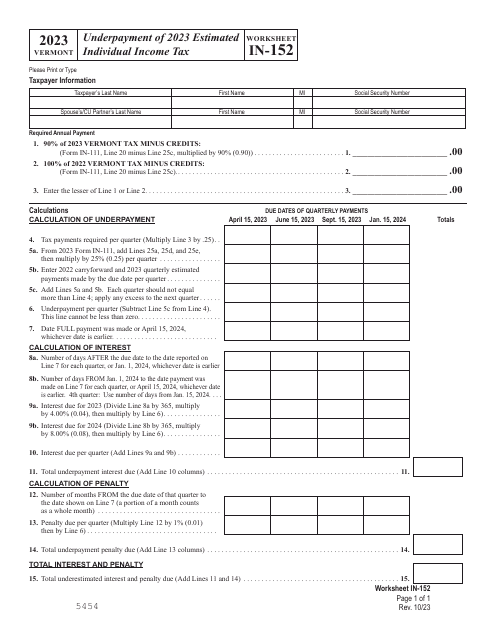 Worksheet IN-152 Underpayment of Estimated Individual Income Tax - Vermont, 2023