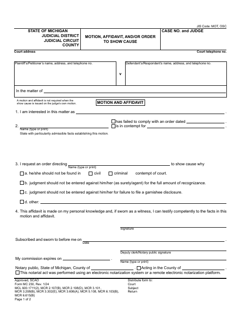 Form MC230 Motion, Affidavit, and/or Order to Show Cause - Michigan