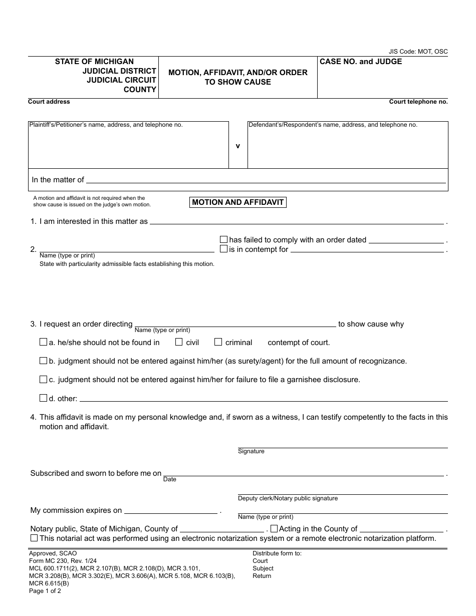 Form MC230 - Fill Out, Sign Online and Download Fillable PDF, Michigan ...