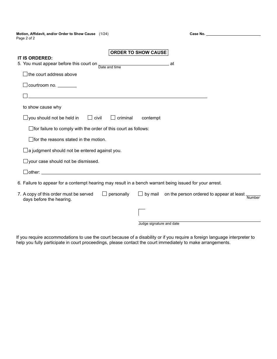 Form MC230 Motion, Affidavit, and / or Order to Show Cause - Michigan, Page 2