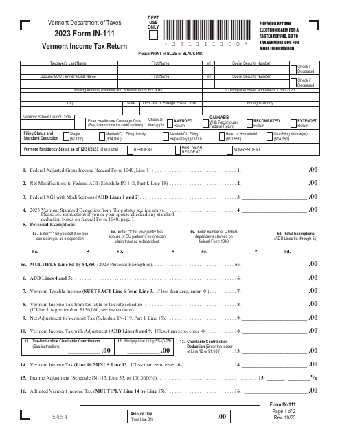 Form IN-111 Vermont Income Tax Return - Vermont, 2023