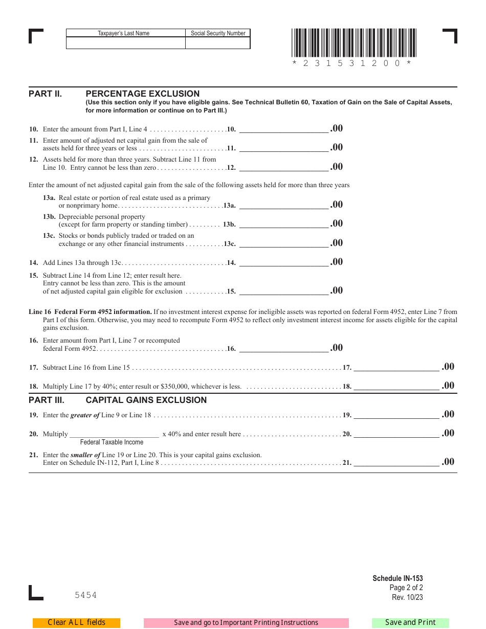 Schedule IN-153 Vermont Capital Gains Exclusion Calculation - Vermont, Page 2