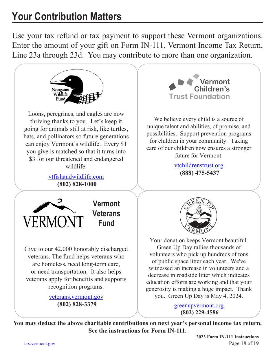 Instructions for Form IN-111 Vermont Income Tax Return - Vermont, Page 18
