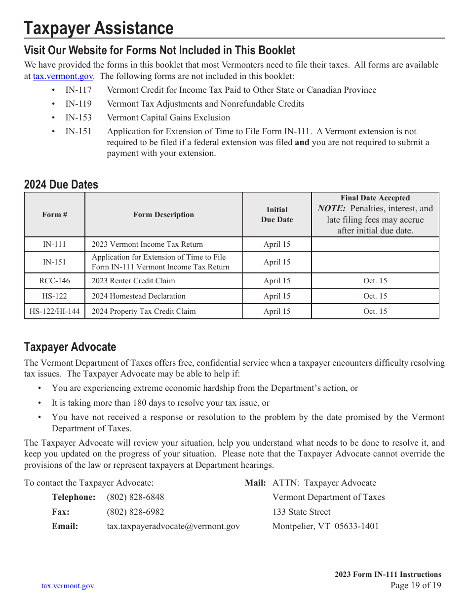 Instructions for Form IN-111 Vermont Income Tax Return - Vermont, Page 19