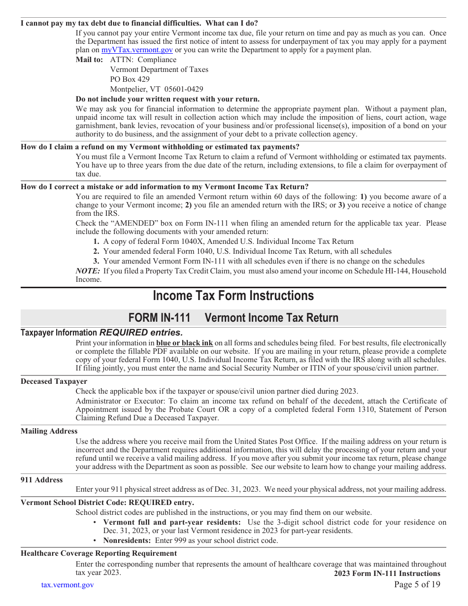Instructions for Form IN-111 Vermont Income Tax Return - Vermont, Page 5