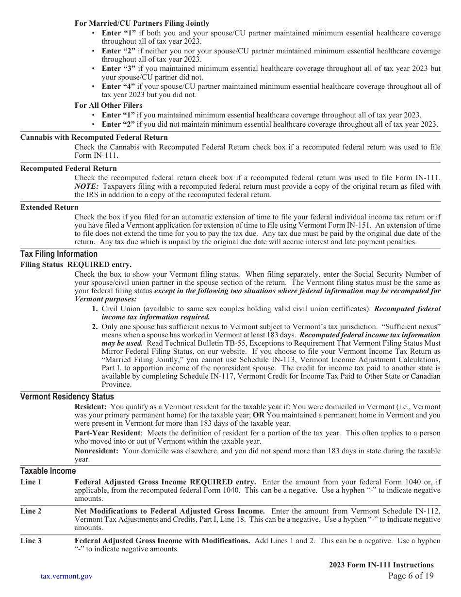 Instructions for Form IN-111 Vermont Income Tax Return - Vermont, Page 6
