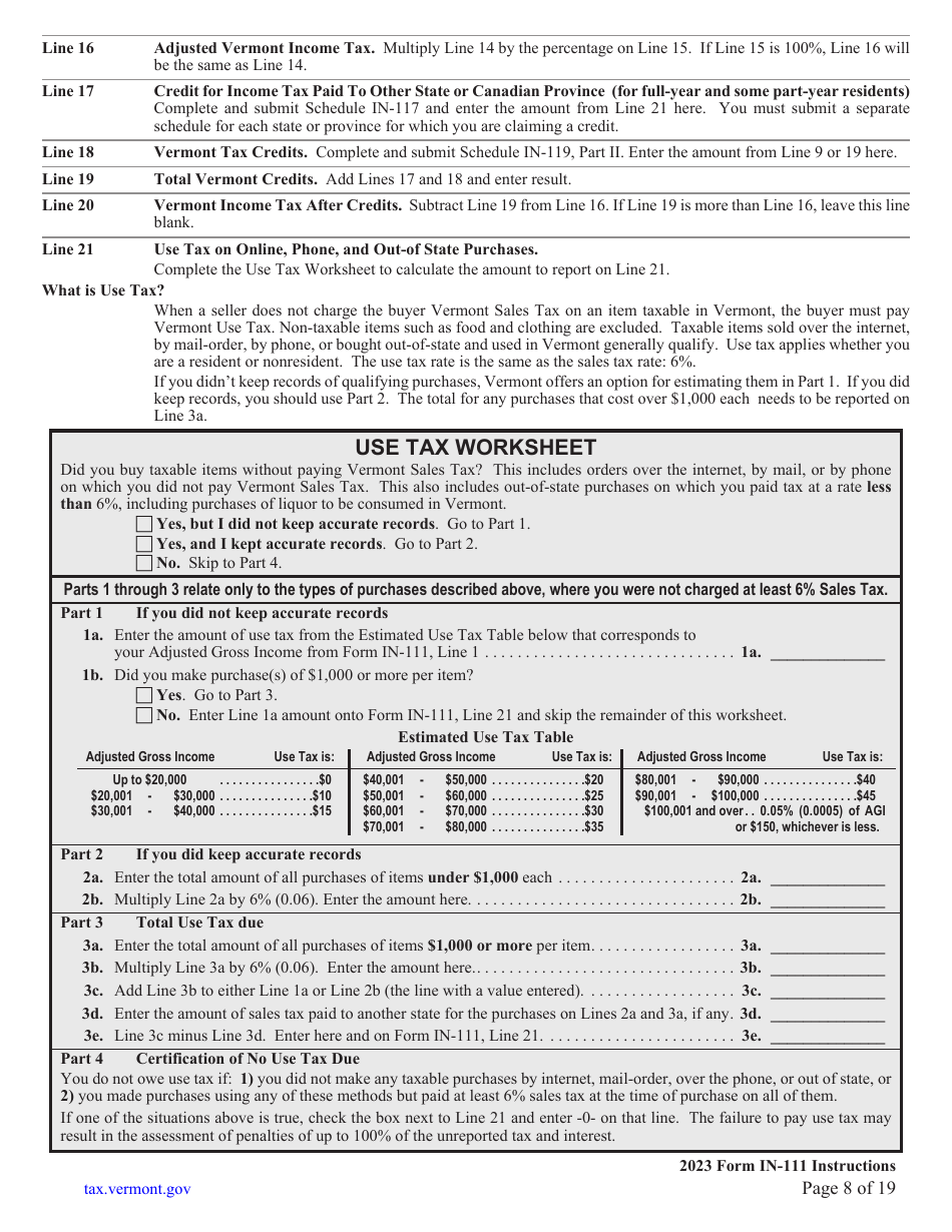 Instructions for Form IN-111 Vermont Income Tax Return - Vermont, Page 8