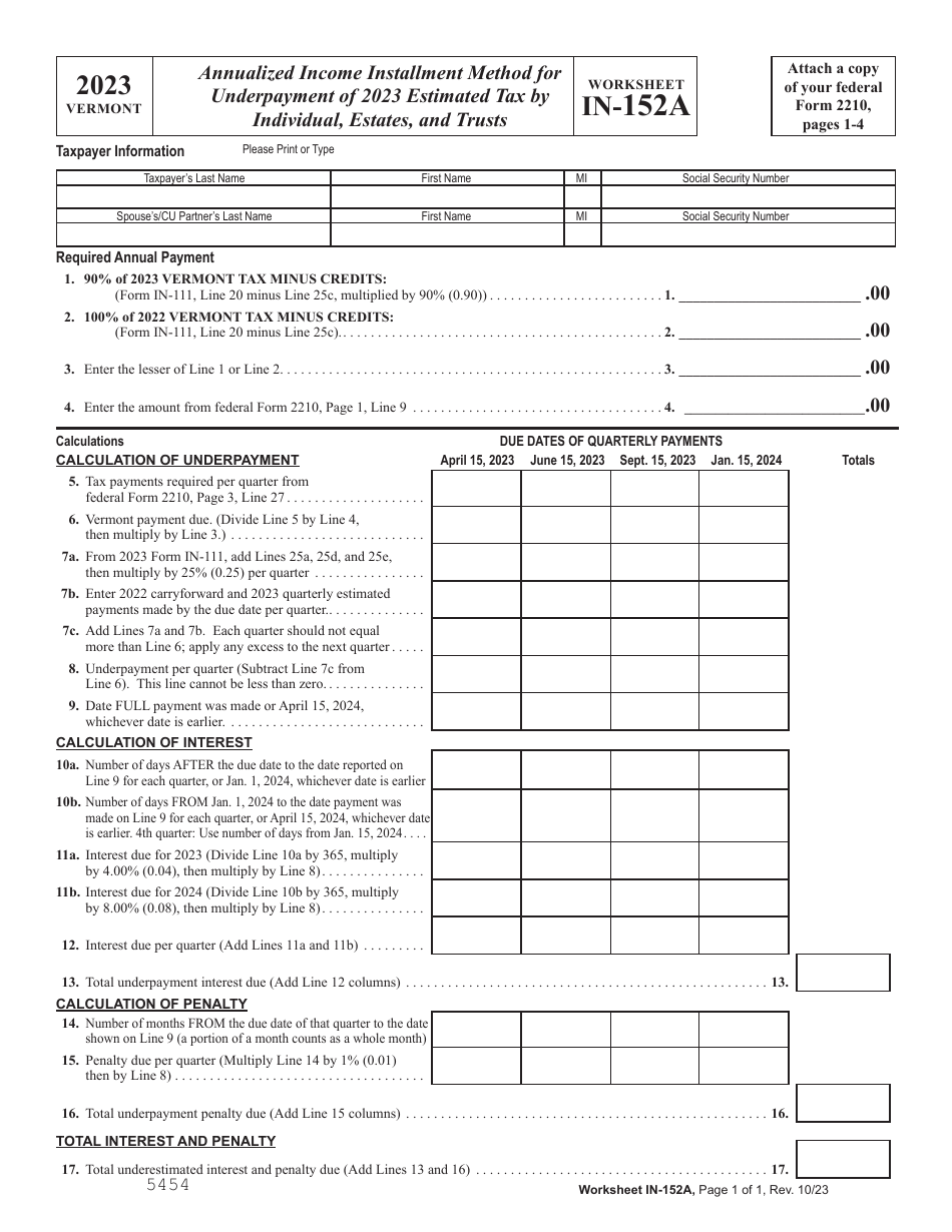 2023 Vermont Annualized Installment Method for Underpayment of