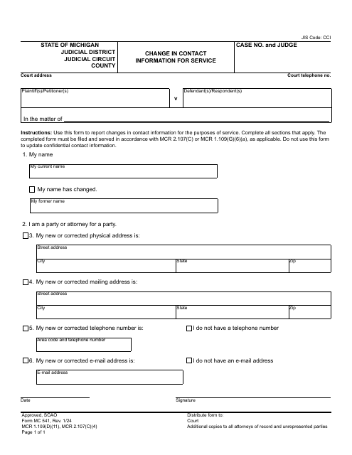 Form MC541 Change in Contact Information for Service - Michigan