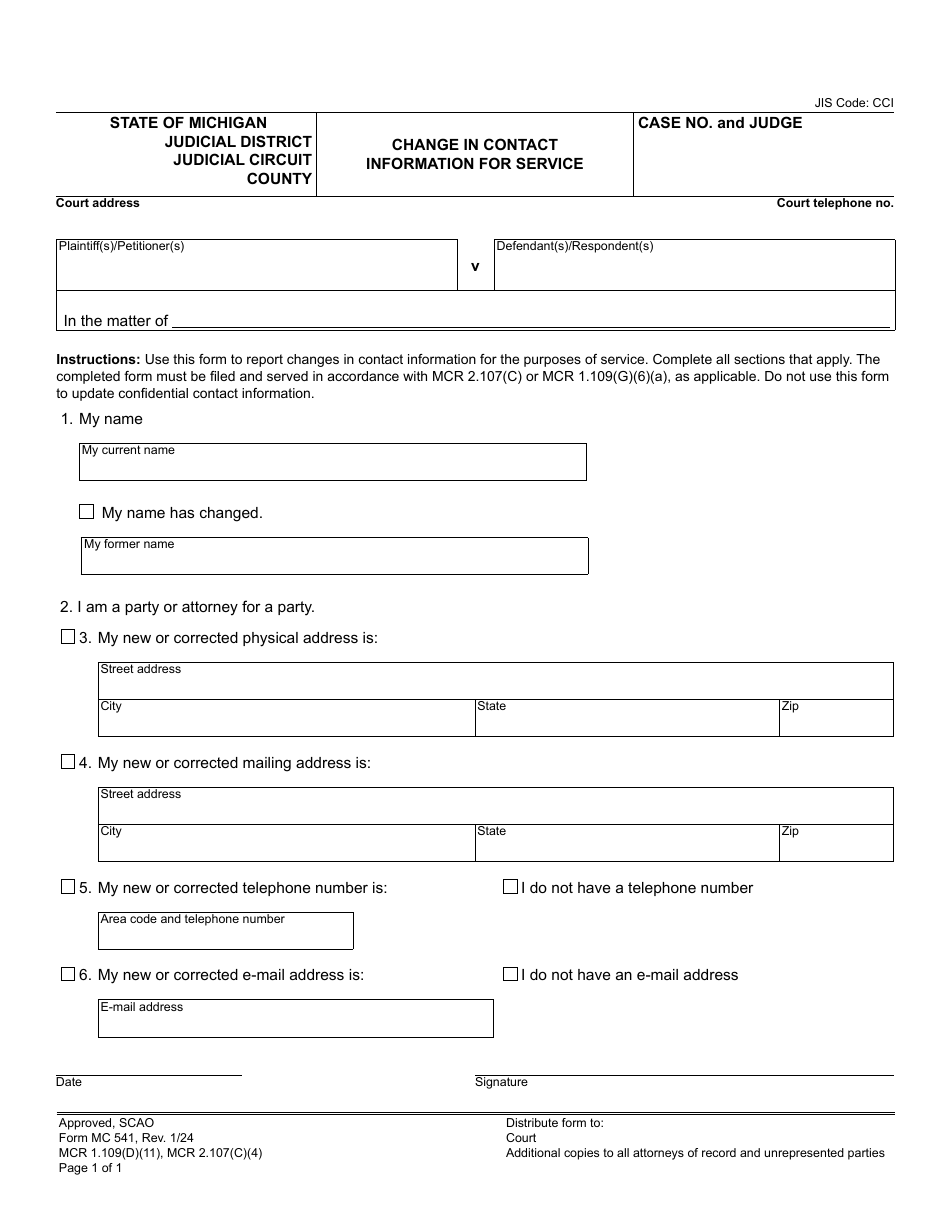 Form MC541 Change in Contact Information for Service - Michigan, Page 1