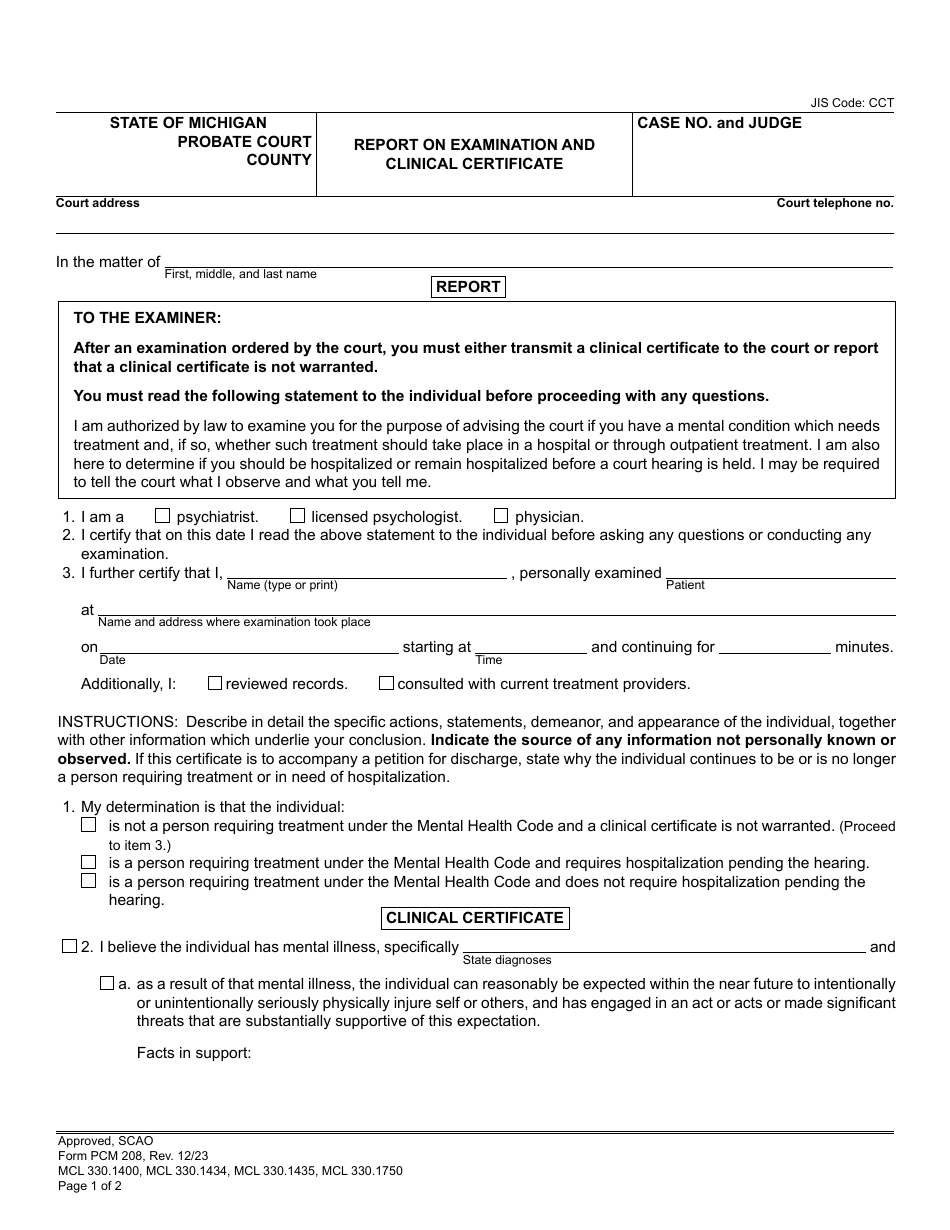 Form PCM208 Report on Examination and Clinical Certificate - Michigan, Page 1